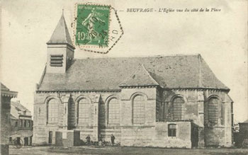 L'église de Beuvrages sur une carte postale ancienne