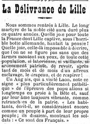 article de journal qui raconte la libération de Lille le 17 octobre 1918