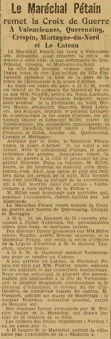 Extrait de journal à propos de la visite de Maréchal Pétain à Valenciennes en 1920