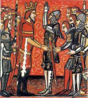 Roland recevant l'épée Durandal des mains de Charlemagne