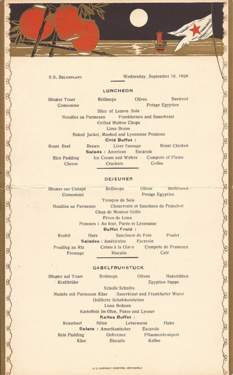 Un menu à bord du paquebot Belgenland daté du 19 septembre 1928
