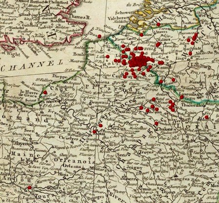 carte de repartition de mes ancêtres sur une carte Rumsey de la France et la Belgique datée de 1787