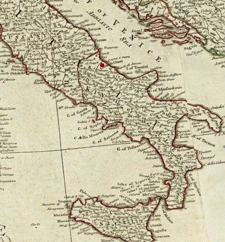 carte de repartition de mes ancêtres sur une carte Rumsey de l'Italie datée de 1787