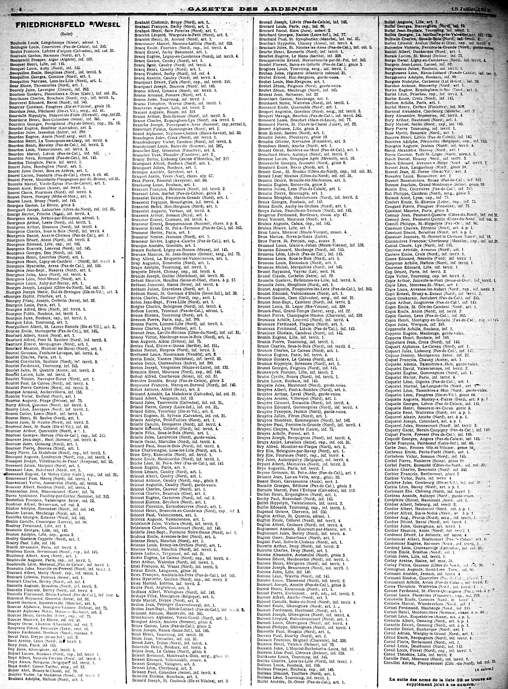 liste de prisonniers au camp de Friedrichfeld dans la Gazette des Ardennes du 15 juillet 1915